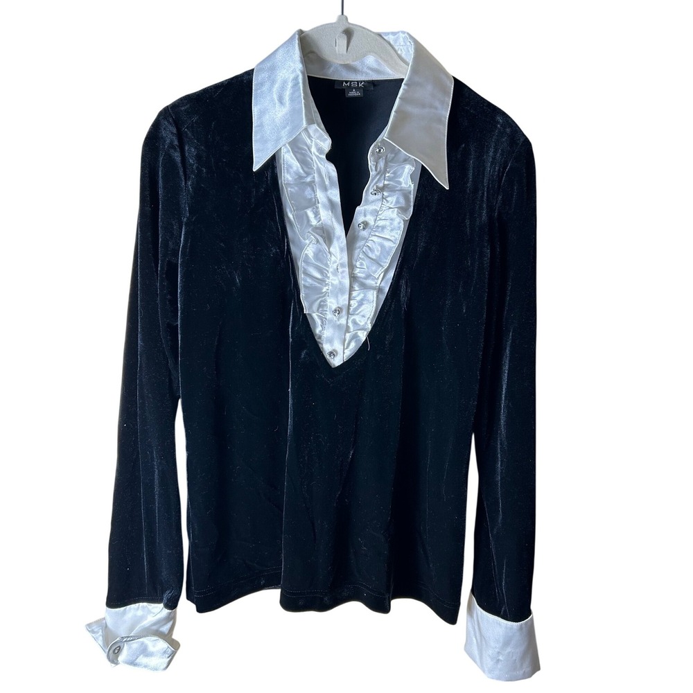 NWT MSK Black Velvet Rhinestone Ruffle Tuxedo Collar Long‎ Sleeve Shirt Size S